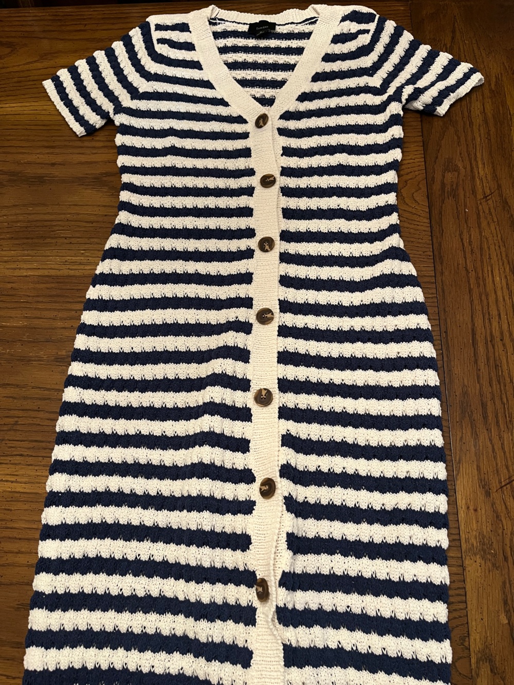 Lumiere Striped Navy and Cream Button-Front Sweater Dress, size medium‎